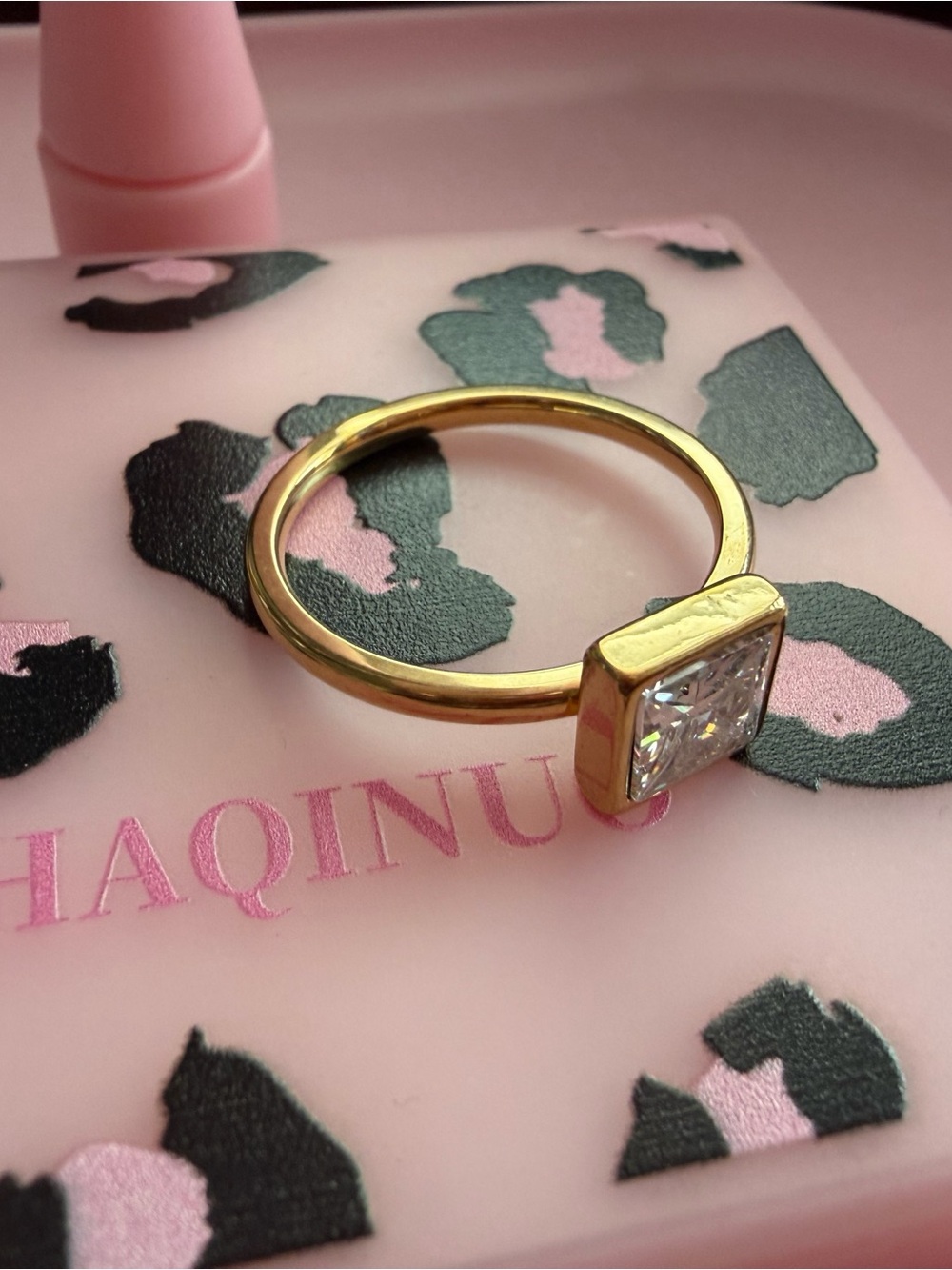 Affordable Fashion Finds Gold Ring with Clear Square Stone and Pink Accent